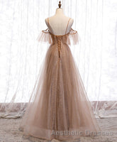 Champagne Tulle Sequin Long Evening Prom Dresses, Champagne Evening Prom Dresses